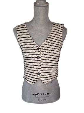 MNG Black & Cream Striped Knit Button Vest